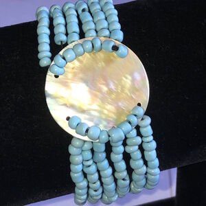 Light Blue Glass Beaded Multi Strand Abalone Shell Boho Bracelet